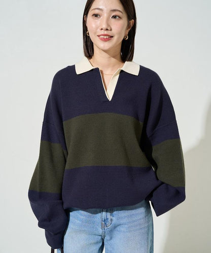 拼色翻領開襟針織套頭衫