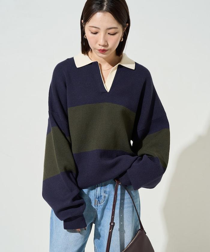 拼色翻領開襟針織套頭衫