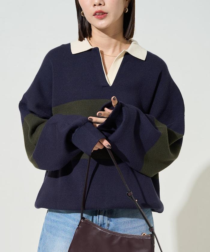 拼色翻領開襟針織套頭衫