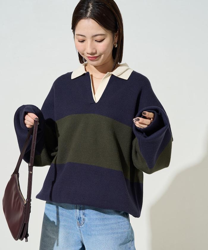 拼色翻領開襟針織套頭衫