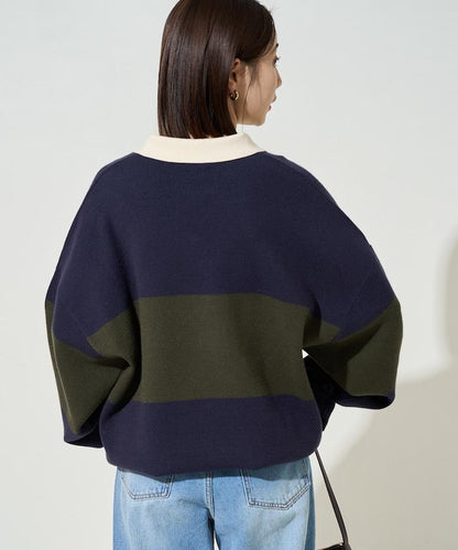 拼色翻領開襟針織套頭衫