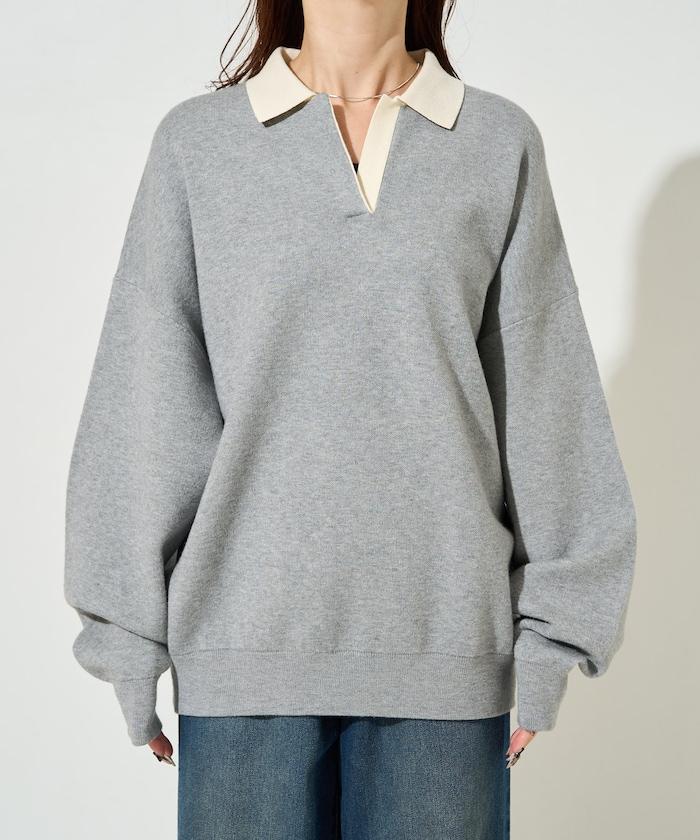 拼色翻領開襟針織套頭衫