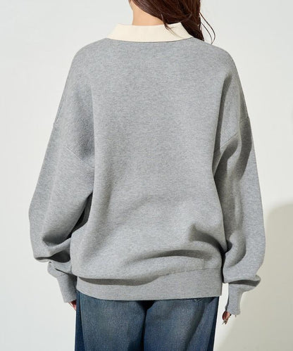 拼色翻領開襟針織套頭衫