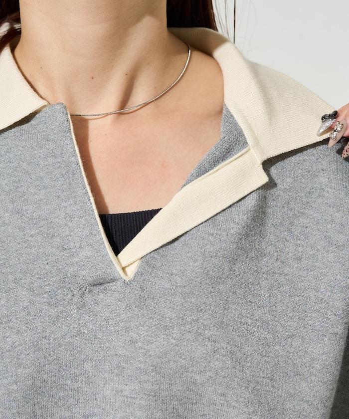 拼色翻領開襟針織套頭衫