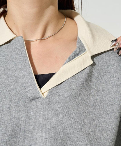 拼色翻領開襟針織套頭衫