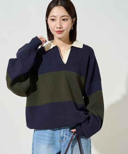拼色翻領開襟針織套頭衫