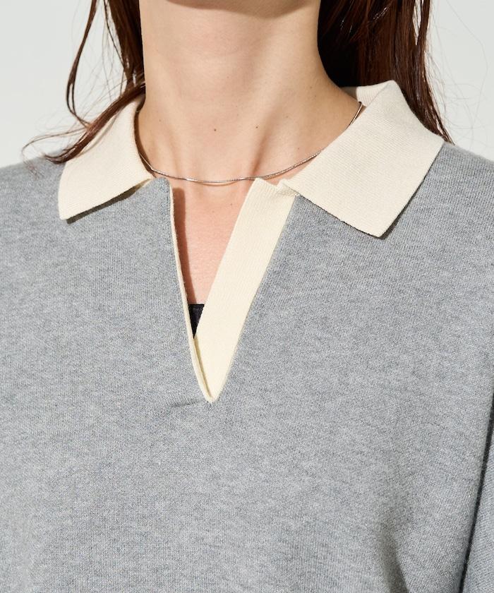 拼色翻領開襟針織套頭衫