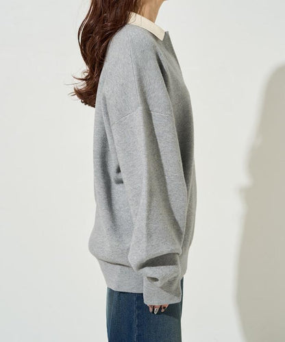 拼色翻領開襟針織套頭衫