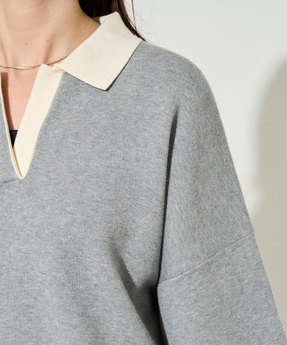 拼色翻領開襟針織套頭衫