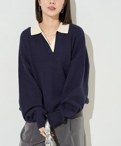 拼色翻領開襟針織套頭衫