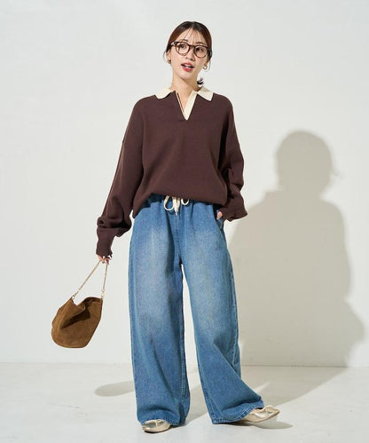 拼色翻領開襟針織套頭衫