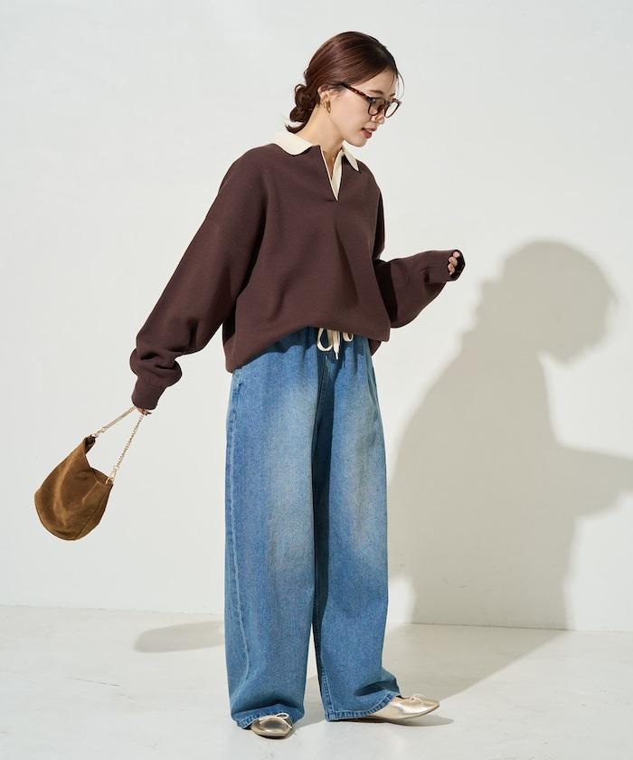 拼色翻領開襟針織套頭衫