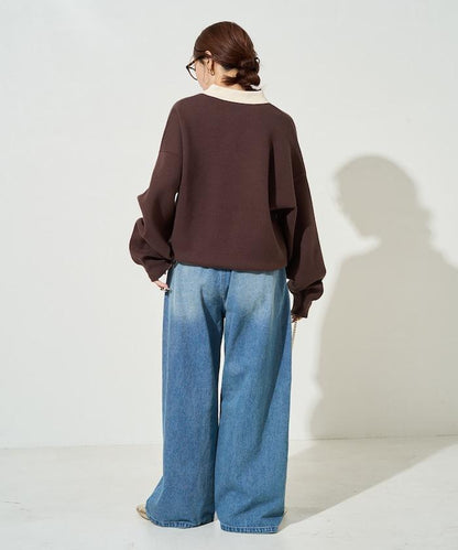 拼色翻領開襟針織套頭衫