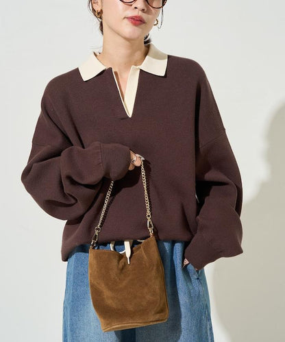 拼色翻領開襟針織套頭衫