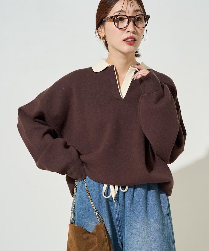 拼色翻領開襟針織套頭衫