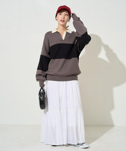 拼色翻領開襟針織套頭衫