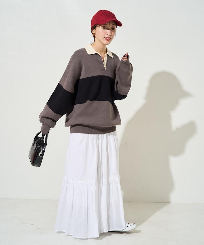 拼色翻領開襟針織套頭衫