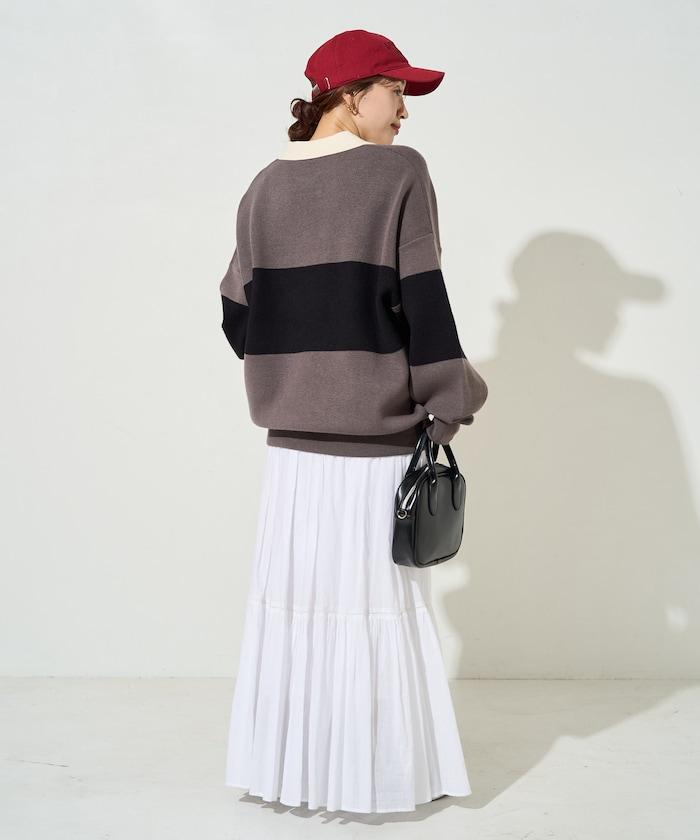 拼色翻領開襟針織套頭衫