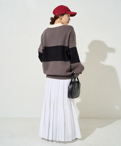 拼色翻領開襟針織套頭衫