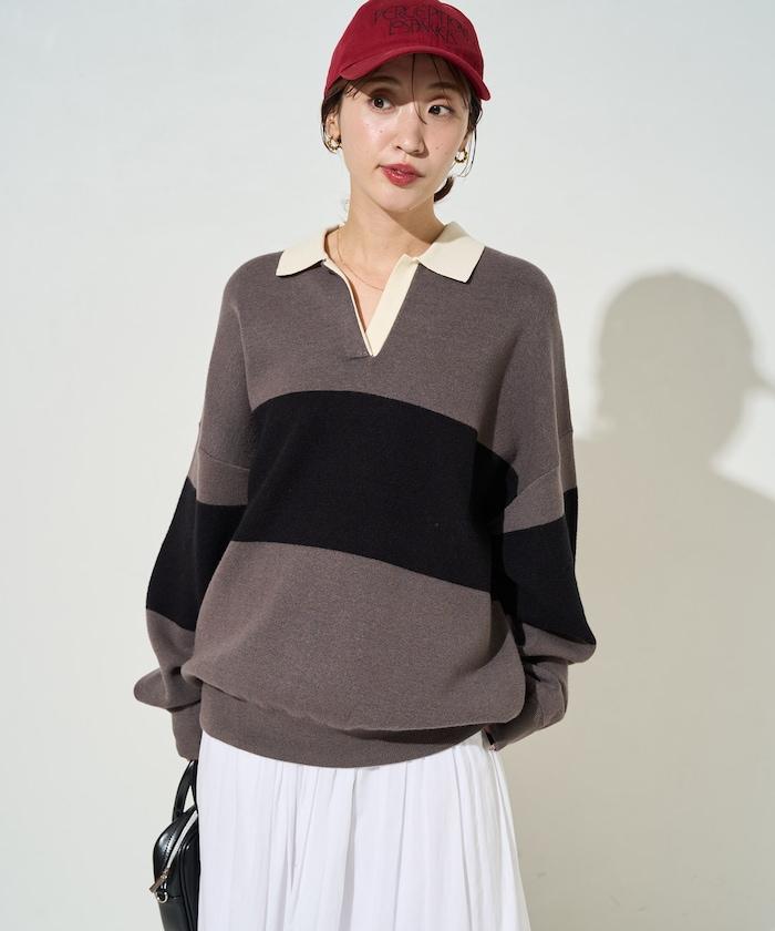 拼色翻領開襟針織套頭衫