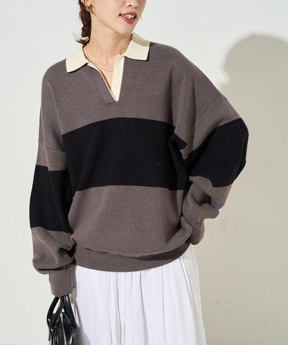 拼色翻領開襟針織套頭衫