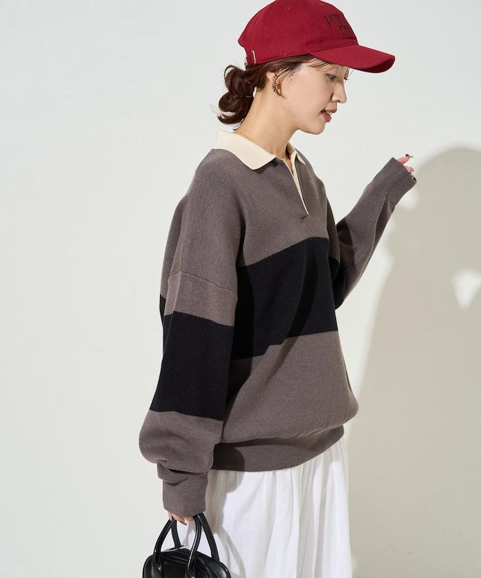 拼色翻領開襟針織套頭衫