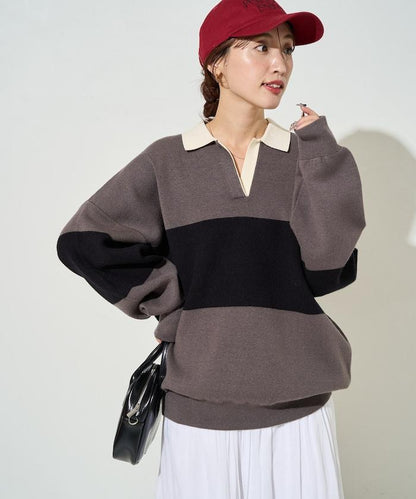 拼色翻領開襟針織套頭衫