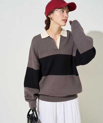 拼色翻領開襟針織套頭衫