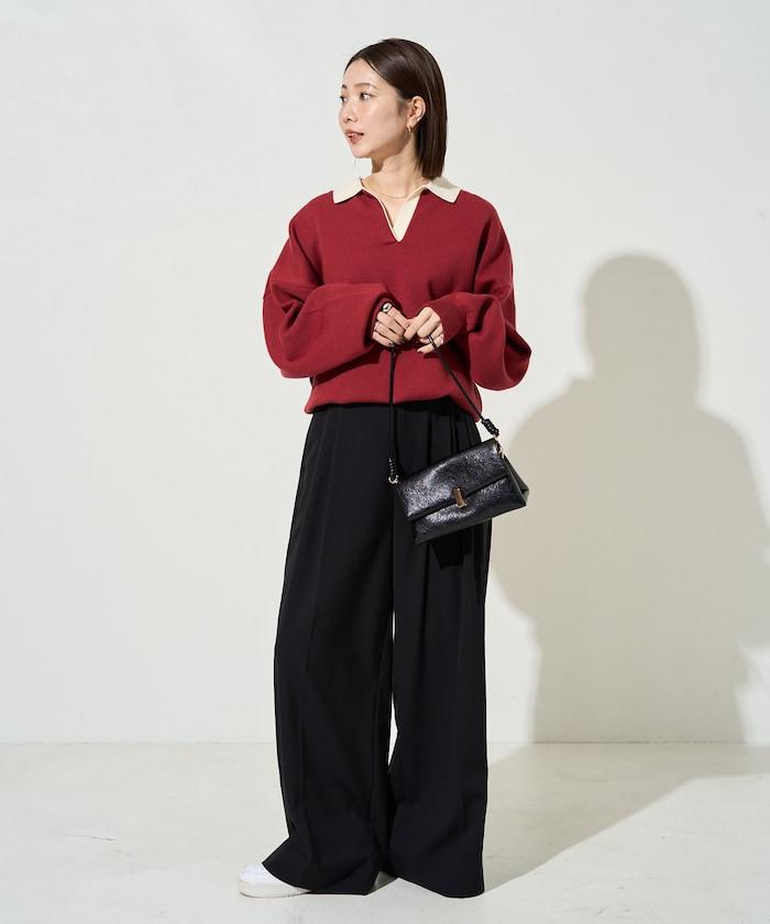 拼色翻領開襟針織套頭衫