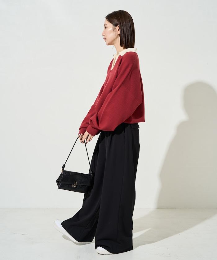 拼色翻領開襟針織套頭衫