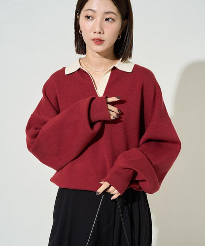 拼色翻領開襟針織套頭衫