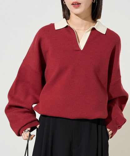 拼色翻領開襟針織套頭衫