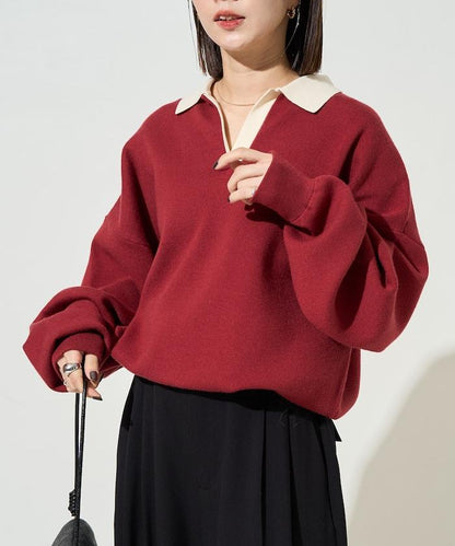 拼色翻領開襟針織套頭衫