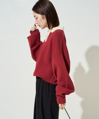 拼色翻領開襟針織套頭衫