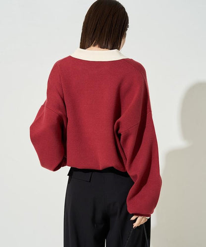 拼色翻領開襟針織套頭衫