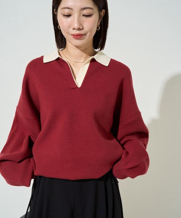 拼色翻領開襟針織套頭衫