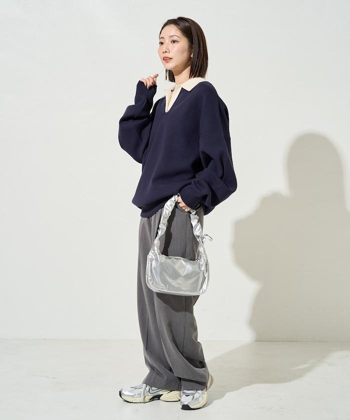 拼色翻領開襟針織套頭衫