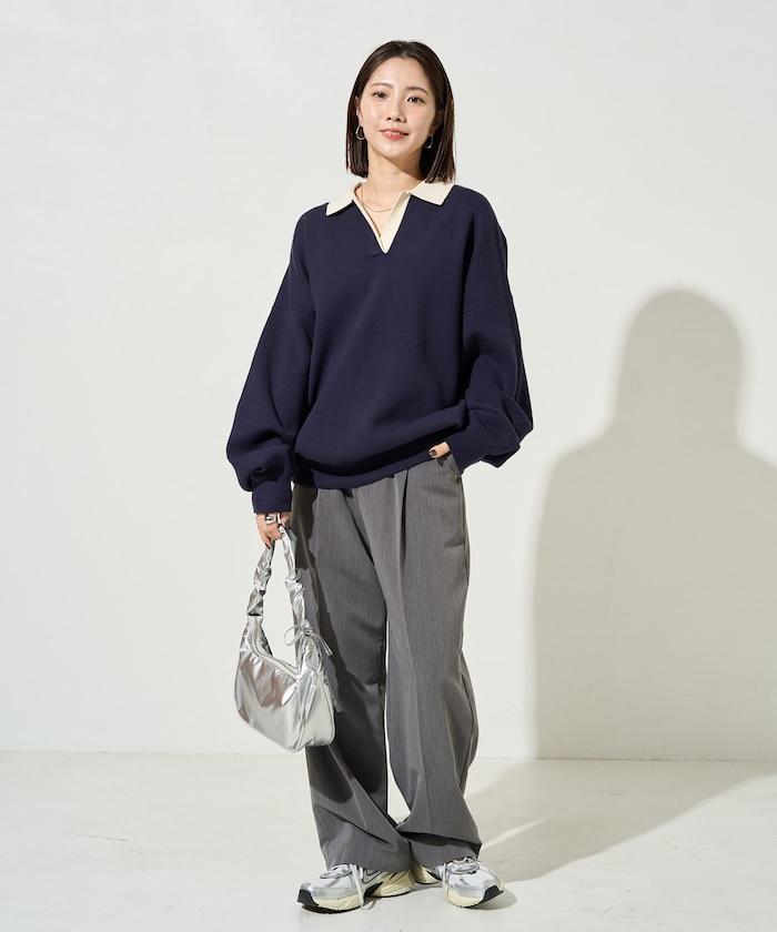 拼色翻領開襟針織套頭衫