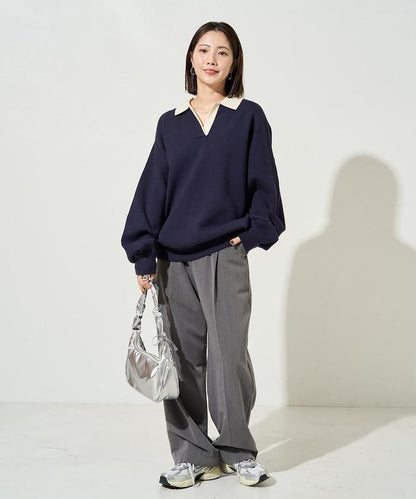 拼色翻領開襟針織套頭衫