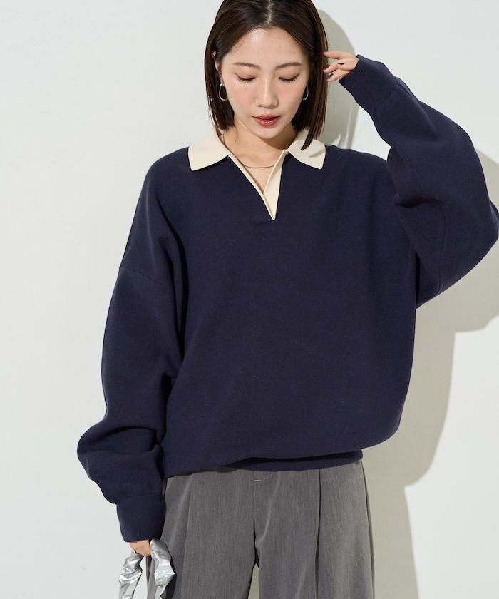 拼色翻領開襟針織套頭衫