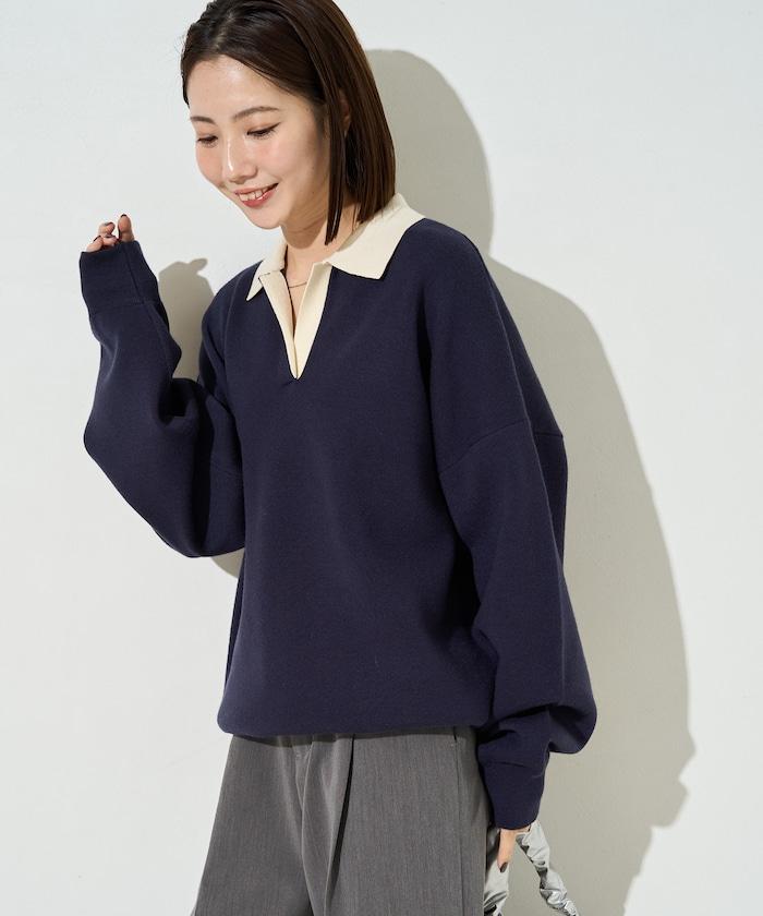 拼色翻領開襟針織套頭衫