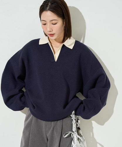 拼色翻領開襟針織套頭衫