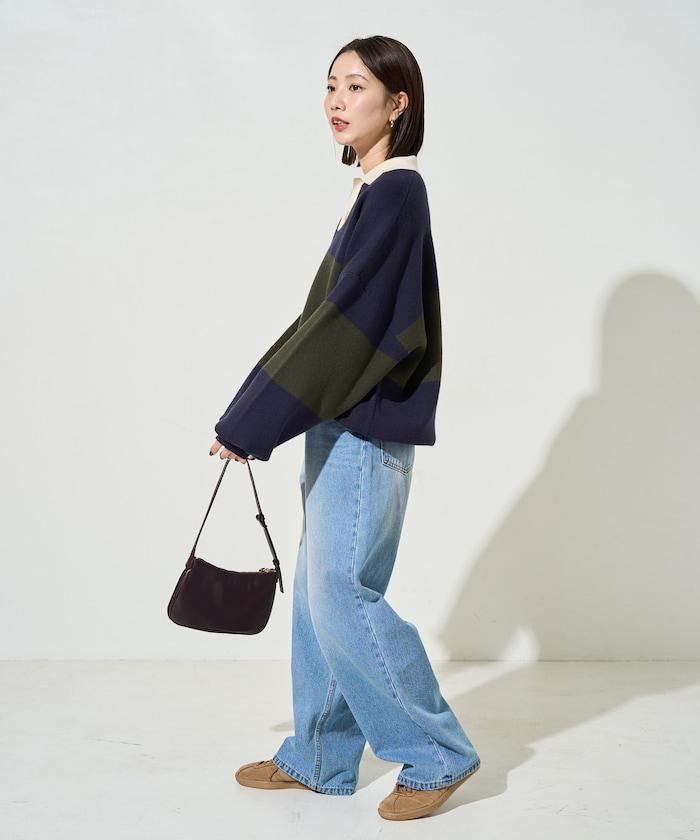 拼色翻領開襟針織套頭衫