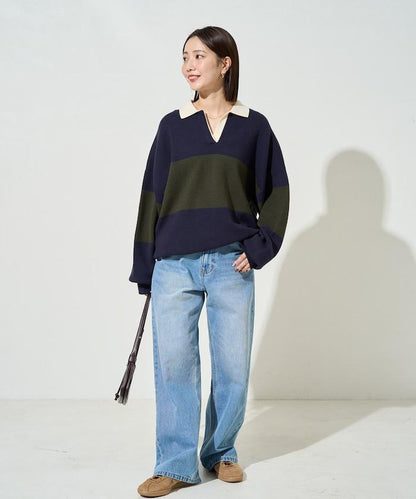 拼色翻領開襟針織套頭衫