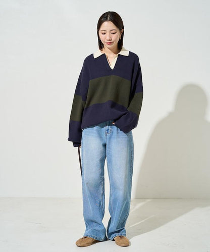 拼色翻領開襟針織套頭衫