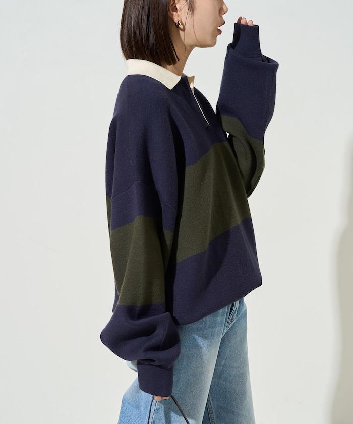 拼色翻領開襟針織套頭衫