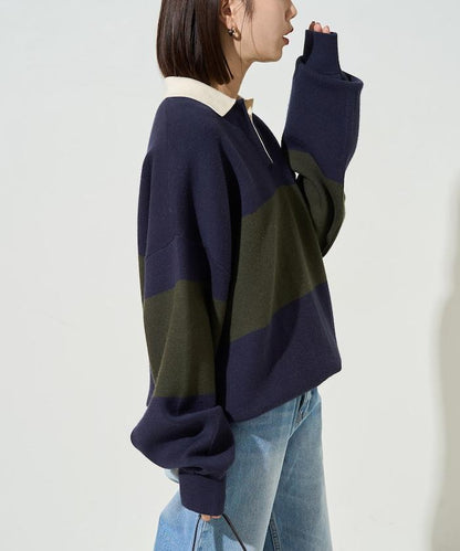 拼色翻領開襟針織套頭衫