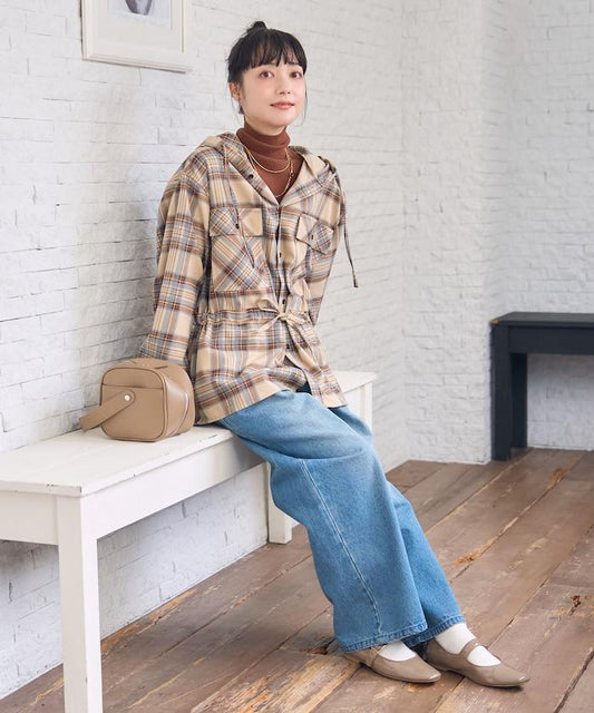 連帽格子襯衫長款上衣