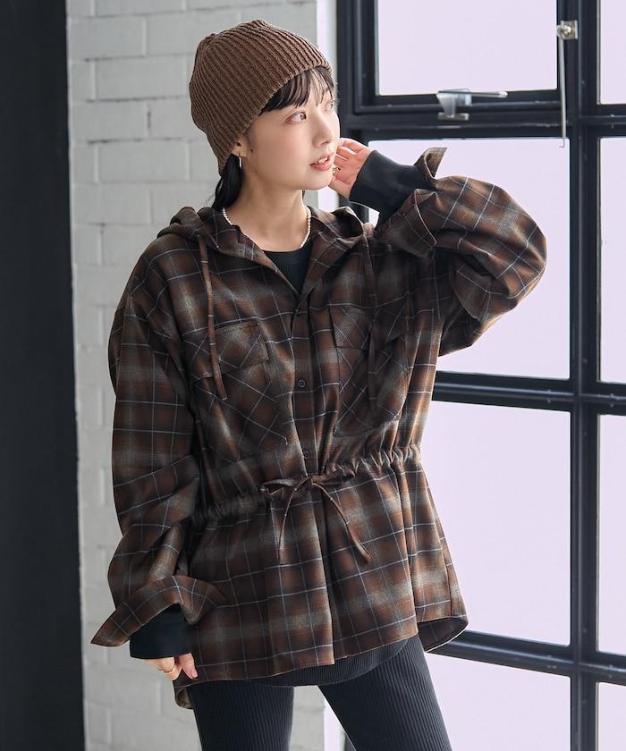 連帽格子襯衫長款上衣