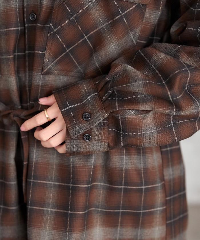 連帽格子襯衫長款上衣